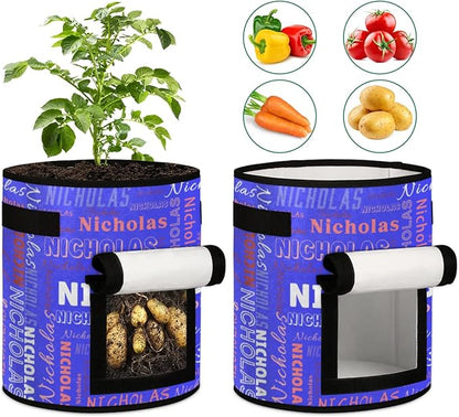 Custom Name Grow Bags 10 Gallon Personalized Breathable Potato Growing Bag with Flap Harvest Window and Handles Garden Planting Bag for Tomato Vegetable Fruits 2 Pack Neon Blue