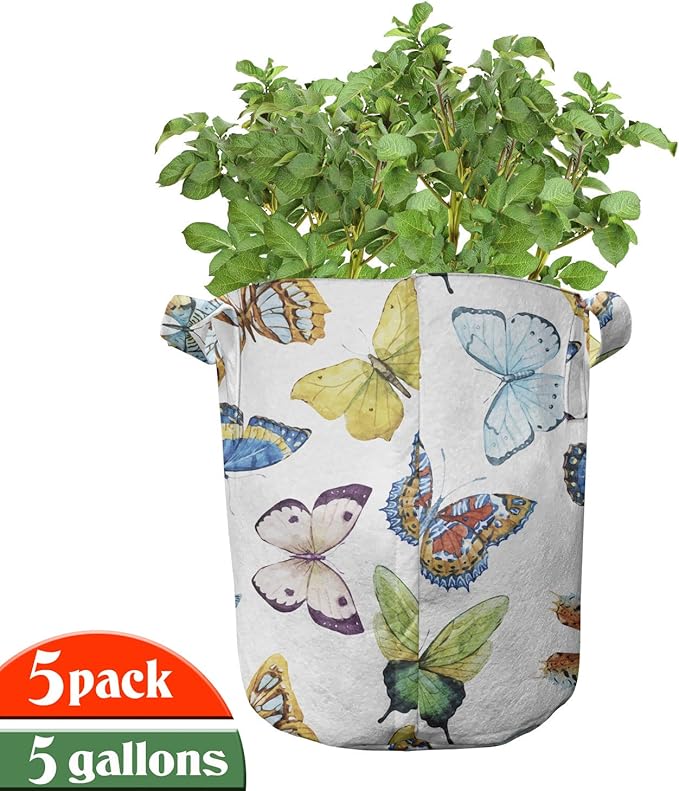 Ambesonne Camouflage Grow Bags 5-Pack, Faded Colors Classic, Heavyduty Fabric Pots with Handles for Plants, Khaki Green