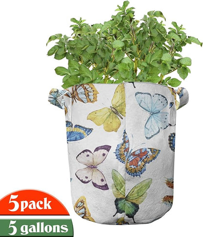 Ambesonne Camouflage Grow Bags 5-Pack, Faded Colors Classic, Heavyduty Fabric Pots with Handles for Plants, Khaki Green