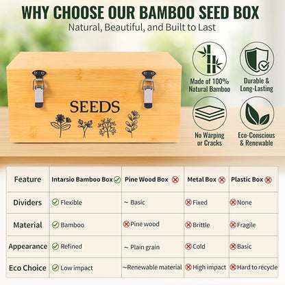 Large Bamboo Wood Seed Storage Organizer Box with Lid,Double-Layer Seal Design Seed Saving Box with 304 Stainless Steel Safety Lock,Handles,Extra Seed Envelopes and Labels (Wood)