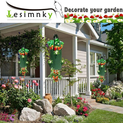 4Pack Upside Down Strawberry Planter, 3 Gallon Hanging Grow Bags for Tomato Vegetables 6 Planting Holes with 4 Hooks,Upside Down Strawberry Plant Hanger Vegetable Planting Bags for House (Dark Green)