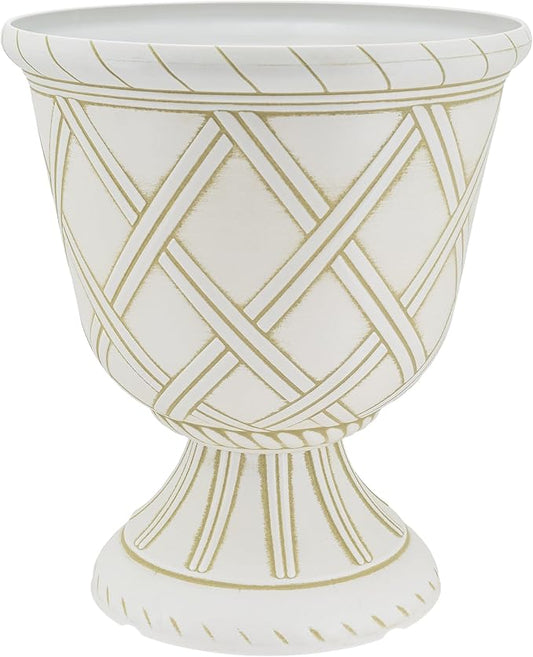 Arcadia Garden Products PL61BG Lattice Plastic Garden Urn, Classic Decorative Garden Pot Planter for Indoor and Outdoor Plants, Beige