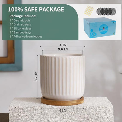 TAMAYKIM 4 Inch Ceramic Plant Pots with Drainage Holes, Modern Vertical Pattern Flower Planter with Saucer for Indoor Plants, Succulent, Cactus & Herbs, White, Set of 4 (Plants Not Included)