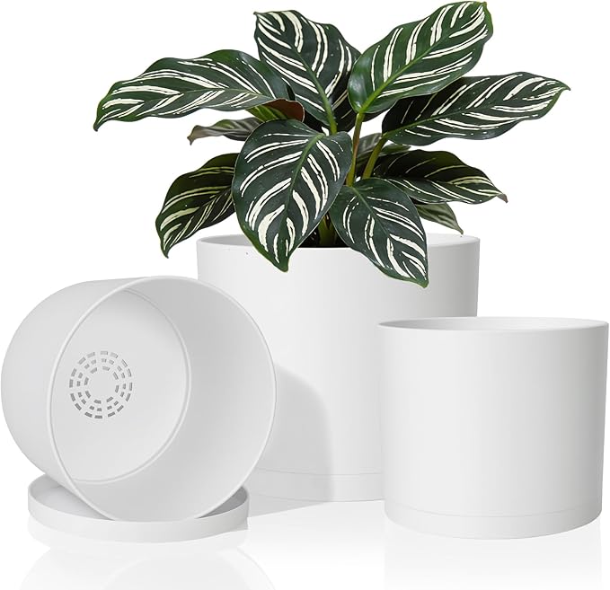 GARDIFE 10/9/8 Inch Modern Cylinder Planter, Plant Pots for Indoor Outdoor Plants, Flower Pots with Drainage Holes and Saucers for Garden Succulent Nursery House Plants (White)