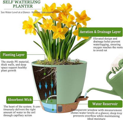 Self Watering Pots for Inoor Ourdoor Plants 10/9/8/7/6.5 Inch Plastic Planters with Drainage Holes & Water Level Indicator, Decorative House Flower Nursery Planting Pots with Saucers (Green)