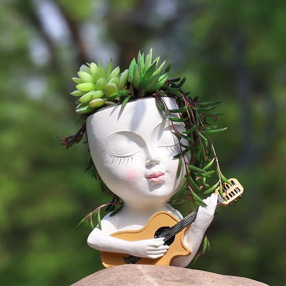 Face Planter Pot, Cute Girl Playing Guitar Head Planter for Indoor Plants, Unique Resin Succulent Pots with Drainage, Creative Music Lover Gifts for Guitarist Women Mom (White)