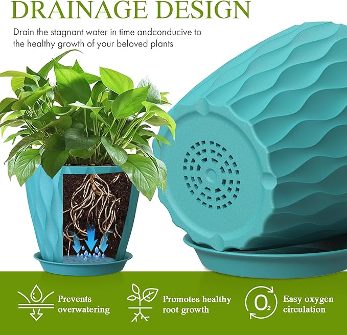Plastic Plant 8 Inch, 4 Pack with Drainage Holes & Saucers, Water Wave Decorative Plant Pots for Indoor Outdoor Plants, Patio, Garden, Home Decor (4, Blue)