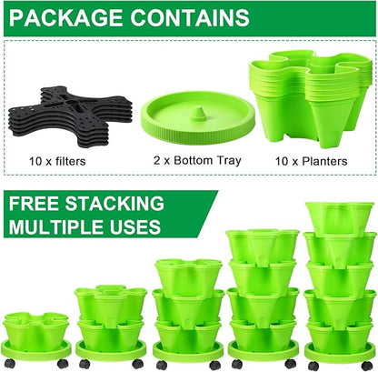 Umigy 2 Set 5 Tier Stackable Planters Vertical Garden Planters for Strawberry Herb Flower and Vegetable Indoor Outdoor Gardening Pots with Removable Wheels and Bottom(Green)