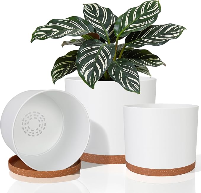 GARDIFE 10/9/8 Inch Modern Cylinder Planter, Plant Pots for Indoor Outdoor Plants, Flower Pots with Drainage Holes and Saucers for Garden Succulent Nursery House Plants (White-Brown)