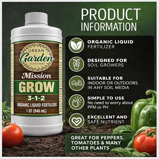 Urban Garden Outfitters Mission Fertilizer Grow 3-1-2 Organic Liquid Plant Fertilizer-All-Purpose, Fish-Based Nutrient Boost for Healthy Growth, Indoor & Outdoor Plants, 8 oz Starter Size