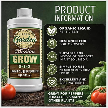 Urban Garden Outfitters Mission Fertilizer Grow 3-1-2 Organic Liquid Plant Fertilizer- All-Purpose, Fish-Based Nutrient Boost for Healthy Growth, Indoor & Outdoor Plants, Quart