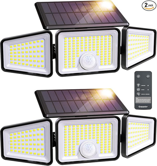 Ensenior Solar Lights Outdoor Motion Sensor, 220 LED High Brightness, 3 Head 270° Wide Angle Flood Lights, Remote Control Security Lights with 4 Modes, IP65 Waterproof Wireless Wall Light, 2 Pack