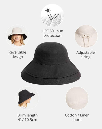 Solbari Women's Holiday Sun Hat UPF 50+ Packable UV Sun Protection Hat with Full Coverage Brim, Reversible, Adjustable Fit