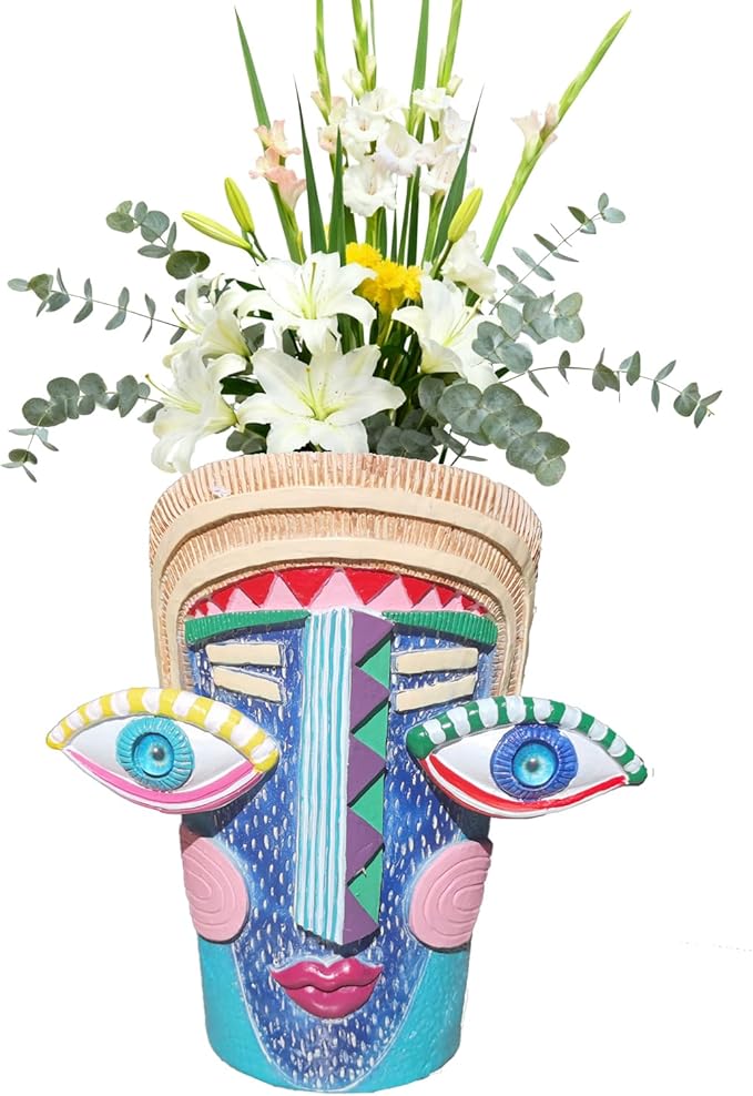 Big Eye Face Planter, Tall Cartoon Abstract Resin Flower Pot, Colorful Funky Vase for Succulents (Blue, Large)