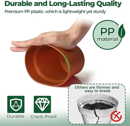 T4U Flower Pots 18-Pack, 5 Inch Plant Pot with Saucer and Drainage Hole, Durable Plastic Flower Pots, Small Pots for Plants, Violet, Succulent and Indoor Plant Decorative (18 Pack 5" Pot)