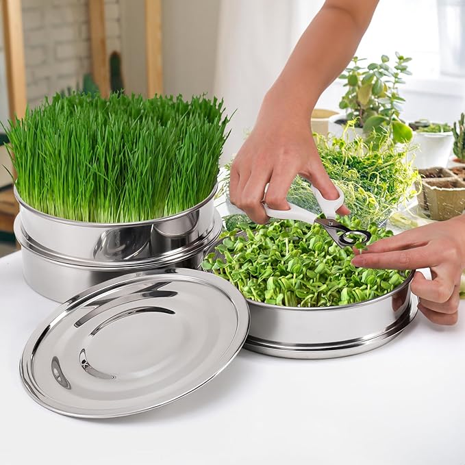 9" Stackable Stainless Steel Seed Sprouting Kit, 3-Tier Mesh Germination Tray, Seed Sprout Grower with Lid Base, Microgreens Propagator for Beans Peas Broccoli Wheat Grass, Soil Free