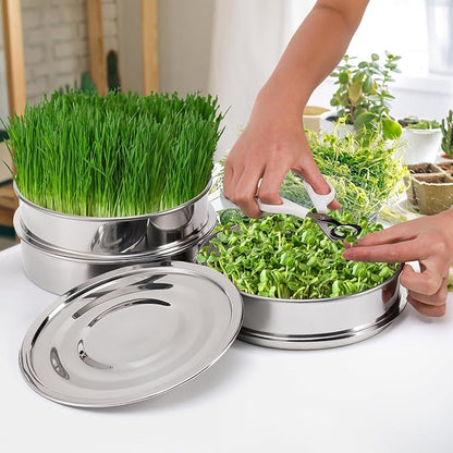 9" Stackable Stainless Steel Seed Sprouting Kit, 3-Tier Mesh Germination Tray, Seed Sprout Grower with Lid Base, Microgreens Propagator for Beans Peas Broccoli Wheat Grass, Soil Free