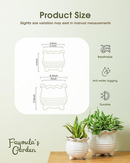 Ceramic Planter, 2 Piece Ceramic Planter Set with Drainage Hole for Home and Office, Indoor Plant Potting, Suitable for Succulents, Bonsai, Snake Grass and Money Tree, etc. (White)