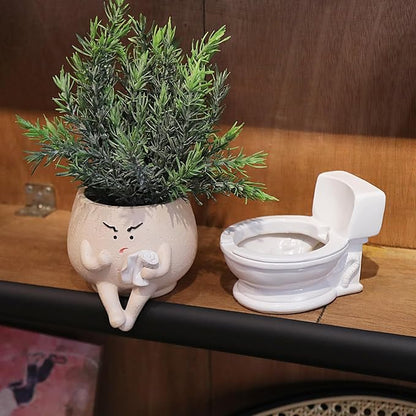 Cute Face Self Watering Planter Pot with Drainage Hole Funny Toilet Plant Pot for Indoor Outdoor Unique Head Planters for Bathroom Gift Ideas for Mother, Christmas