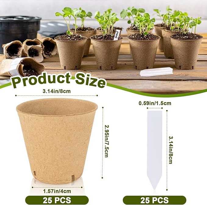 3.1Inch Peat Pots with Labels - 25Pcs Biodegradable Pots for Seedlings with Drainage Holes,Garden Plant Nursery Pots with 25Pcs Plant Labels,Seed Starting Trays for Flower Vegetable Tomato