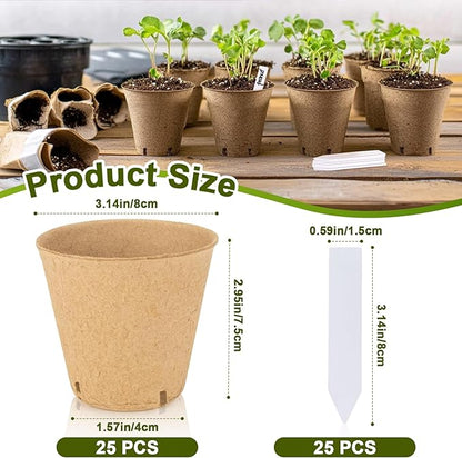 3.1Inch Peat Pots with Labels - 25Pcs Biodegradable Pots for Seedlings with Drainage Holes,Garden Plant Nursery Pots with 25Pcs Plant Labels,Seed Starting Trays for Flower Vegetable Tomato