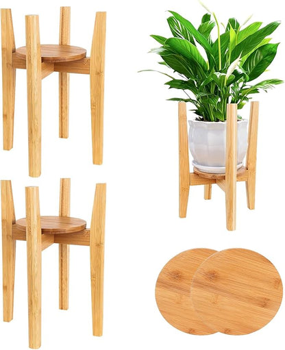 2 Packs Adjustable Plant Stand with Tray,Indoor Wood Plant Stand Fit 8'' to 12'' Planter,Mid Century Modern Flower Pot Holder Rack(Plant and Pot Not Included) Natural