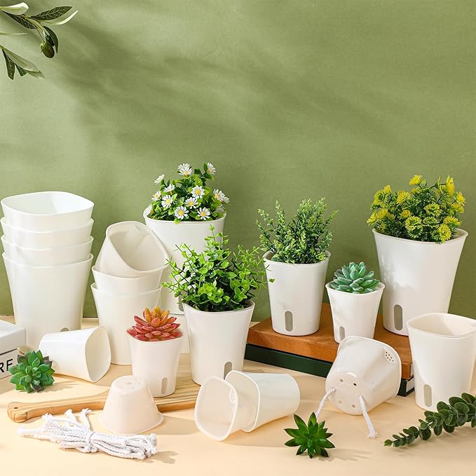 18 Pcs Self Watering Pots - 3 Sizes Plastic Flower Plant Pot With Inner White Pot for Indoor House Plants, Herbs and Flowers