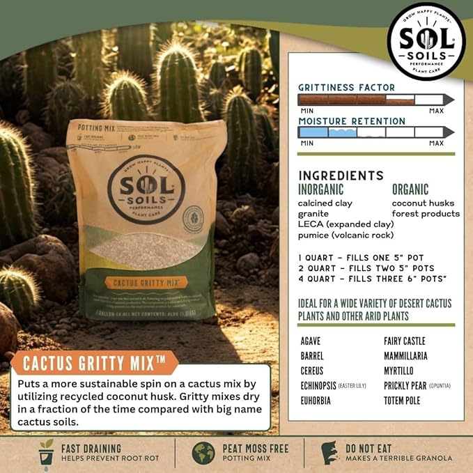 Sol Soils Gritty Cactus Soil Potting Mix - Fast Draining and Peat Moss Free with Coconut Husk Chips, Granite, Calcined Clay & Pumice for Indoor and Outdoor Plants - 1 Gallon