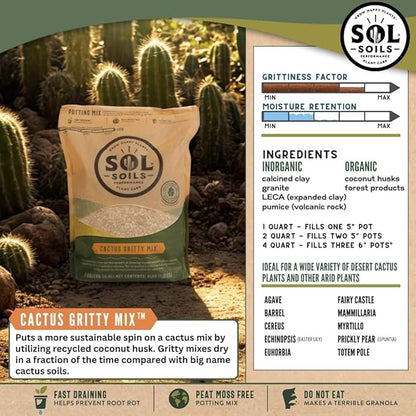 Sol Soils Gritty Cactus Soil Potting Mix - Fast Draining and Peat Moss Free with Coconut Husk Chips, Granite, Calcined Clay & Pumice for Indoor and Outdoor Plants - 1 Gallon
