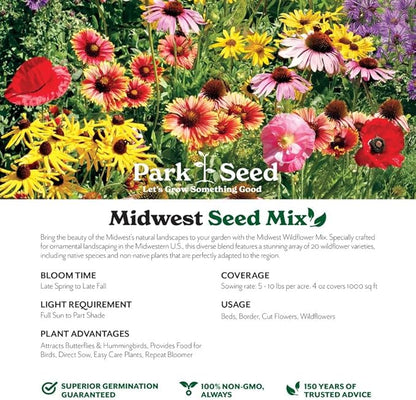 Park Seed Grow Your Own Vibrant Annual and Perennial Wildflower Garden Seeds Mixture, Easy to Grow Varieties for Pollinators and Spring Gardens - Midwest Regional Mix, 1 lb