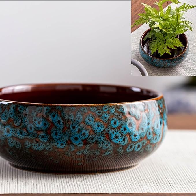 Ceramic Lotus Bowl Planter, Lotus Pots for Water Plants Indoor, Large Caliber Flow Glaze Non-Porous Hydroponic Container, Succulent Pots, Leak-Proof Design (Blue Peacock Pattern) 6.6in*2.7in