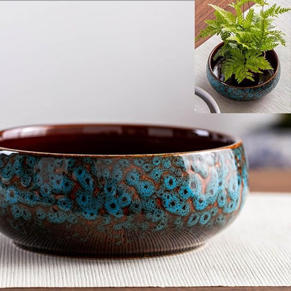 Ceramic Lotus Bowl Planter, Lotus Pots for Water Plants Indoor, Large Caliber Flow Glaze Non-Porous Hydroponic Container, Succulent Pots, Leak-Proof Design (Blue Peacock Pattern) 6.6in*2.7in