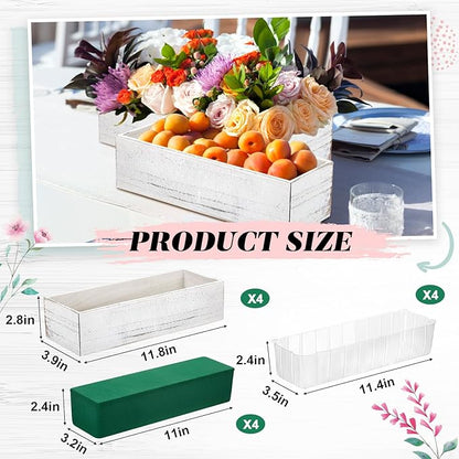 Dandat 4 Set Wood Boxes for Centerpieces 12x4 Inch Rectangle Wooden Planter Box Rustic Wooden Planters with Removable Plastic Liner Floral Foam Blocks for Christmas Wedding Home Garden Decor(White)