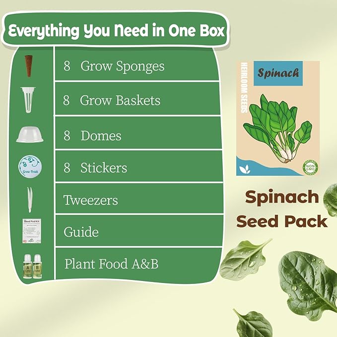 8-Pod Spinach Seed Pod Kit for Aerogarden, Includes Spinach Seeds - Universal Hydroponic Pods Indoor Gardening Supplies (8-Pod)
