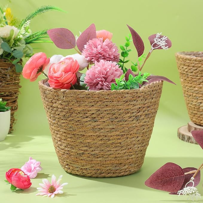Healifty Straw Woven Plant Basket 2PCS Rattan Flower Basket Indoor with Plastic Liner Natural Stylish for Rustic Boho Home Farmhouse Floor Potted Pots Decor