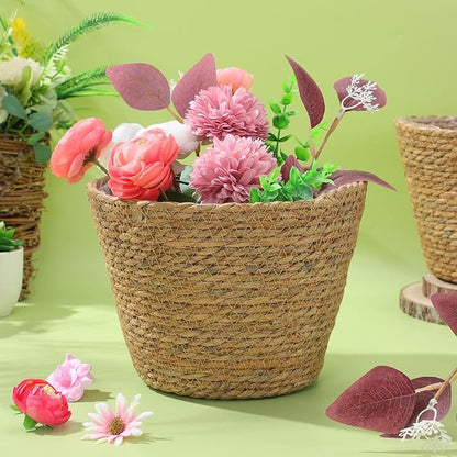 Healifty Straw Woven Plant Basket 2PCS Rattan Flower Basket Indoor with Plastic Liner Natural Stylish for Rustic Boho Home Farmhouse Floor Potted Pots Decor