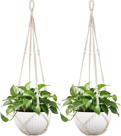 Mkono 43 Inch Macrame Plant Hanger Large for up to 12 Inch Pot Extra Long Hanging Plant Holder No Tassels Hanging Planter Basket with Wood Beads for Indoor Outdoor Boho Home Decor, Ivory, Set of 2