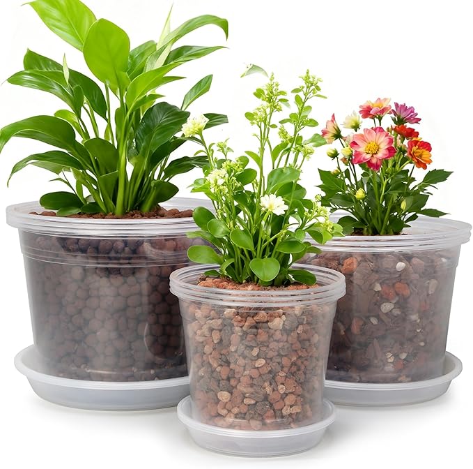 6/8/10 Inch Large Size Clear Nursery Pots with Drainage and Saucers, 9 Pack Plastic Plant Pots for Seedling Starter, Durable Plastic Pots for Indoors