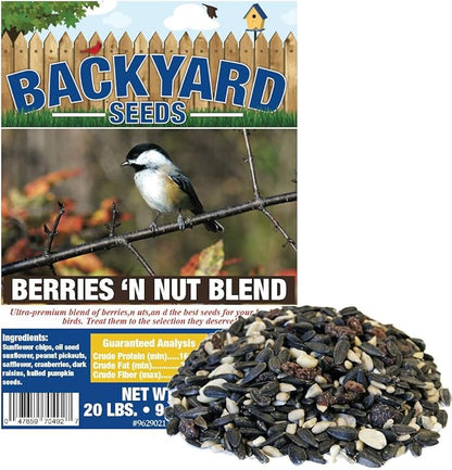 CountryMax Backyard Seeds Berries 'n Nut Blend Bird Seed Mix 20lbs - Premium Seeds, Nuts & Cranberries, Medium Bag of Wild Bird Food