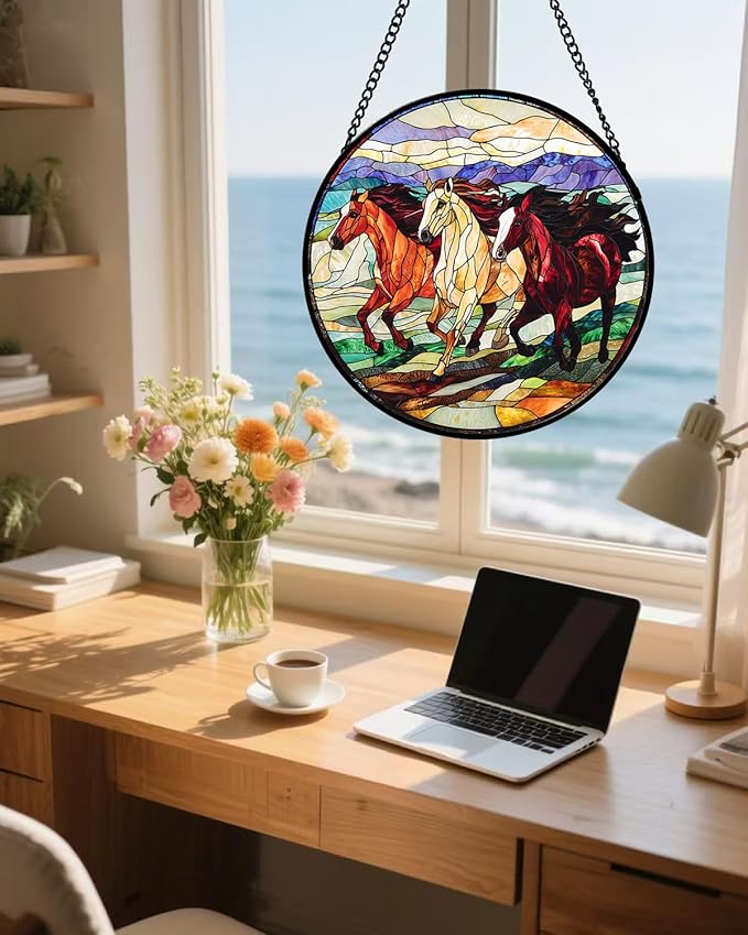 Stained Glass Window Hanging, Galloping Horses Sun Catcher for Door Home Decor Colorful Suncatcher Christmas Mother's Day Birthday Gifts for Women Men Mom and Nana 9.8 in
