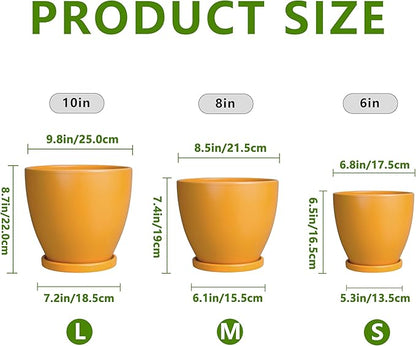 Ceramic Planters - 10+8+6 Inch Round Flower Pots for Indoor Outdoor, Decorative Plant Pots with Drainage Holes and Plant Saucers, Home Decor, Gardening Gifts for Women, Set of 3, Orange