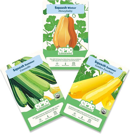 Epic Gardening Squash Seed Bundle - 3 Non-GMO Varieties, Includes Golden Zucchini, Cocozelle & Honeybaby, Perfect for Roasting, Soups, Baking & Versatile Cooking, Great for Backyard Gardens