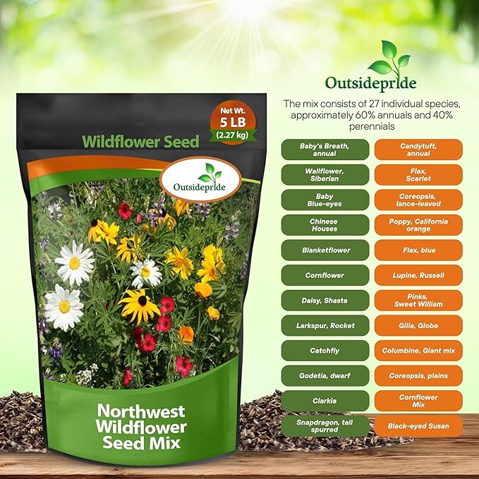 Outsidepride Northwest Wild Flower Seed Mix - 5 lbs Premium Blend of Annual & Perennial Wildflower Seeds for Northwestern States - Ideal for Attracting Pollinators, Perfect for Garden Displays