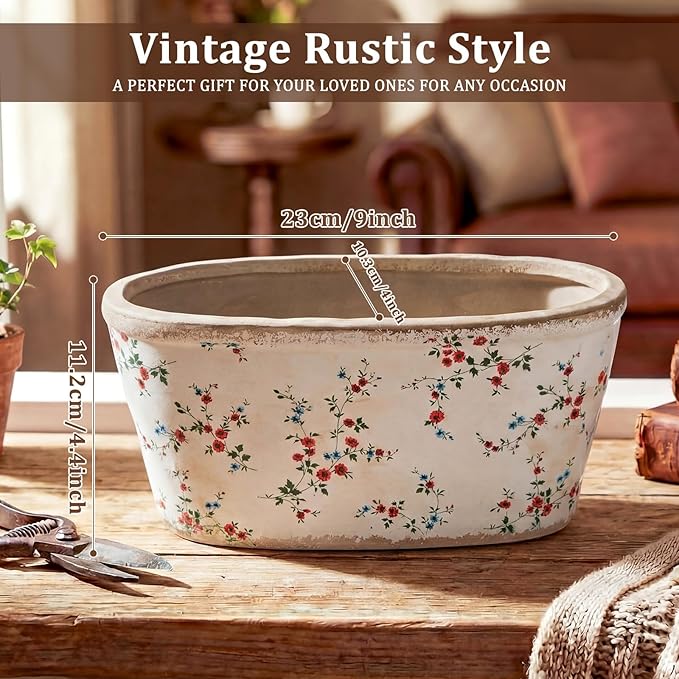 8.6" Large Vintage Ceramic Planter Ice Cracked Farmhouse Rectangle Pots with Drainage Hole Pots for Indoor Outdoor Plants Home Kitchen Windowsill Office Shelf Rustic Decor Gift(Wildflower)