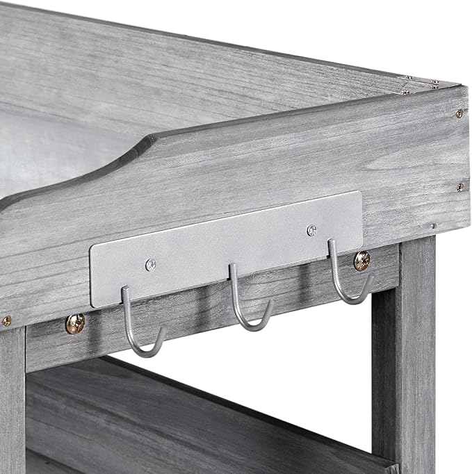 Topeakmart Fir Wood Potting Bench W/Storage Shelf W/Metal Tabletop W/Hook 3 Shelves Potting Table for Outdoor Garden Work Bench Gray