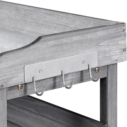 Topeakmart Fir Wood Potting Bench W/Storage Shelf W/Metal Tabletop W/Hook 3 Shelves Potting Table for Outdoor Garden Work Bench Gray