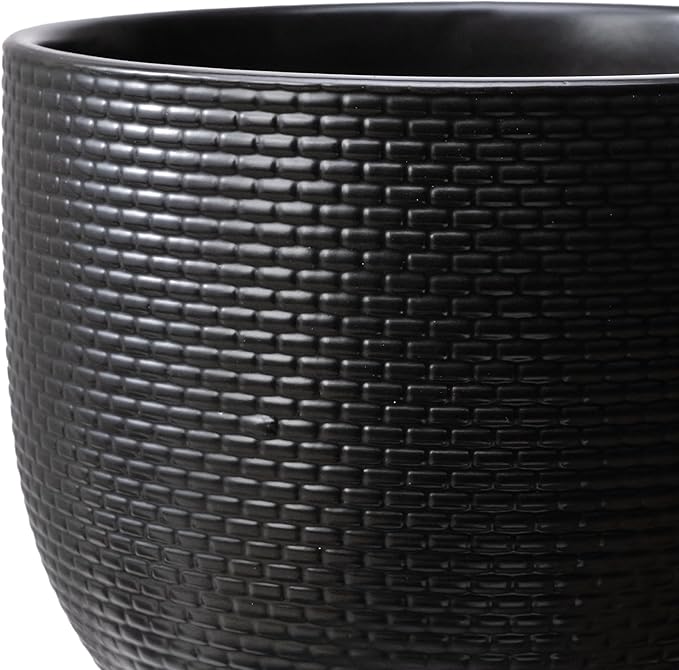 8 Inch Black Woven Ceramic Planter Pot with Wood Grain Base, Indoor Outdoor Flower Pot with Removable Drainage Hole, 3.5 Qt Capacity for Herbs, Succulents, Patio & Home Decor