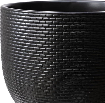 8 Inch Black Woven Ceramic Planter Pot with Wood Grain Base, Indoor Outdoor Flower Pot with Removable Drainage Hole, 3.5 Qt Capacity for Herbs, Succulents, Patio & Home Decor