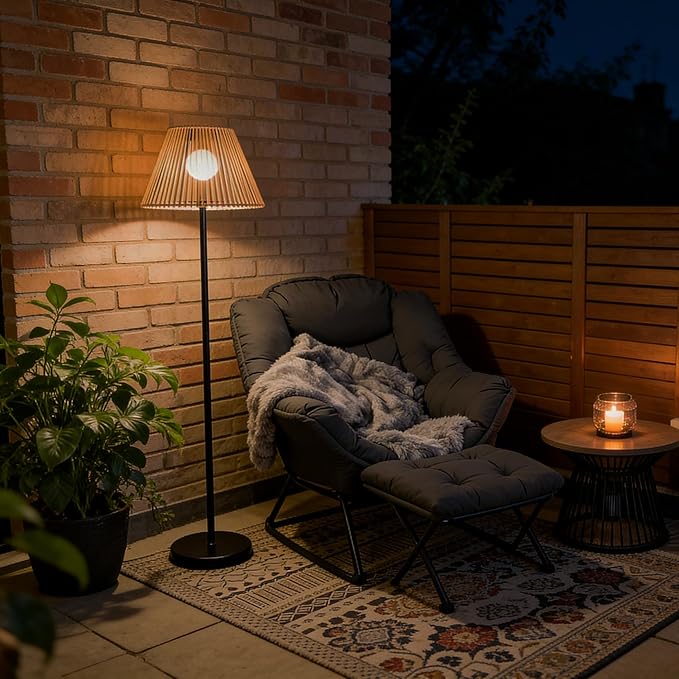 46" Solar Outdoor floor lamps for Patio Decor. Rattan Wicker Lights,Hand Woven Lamp Stable MetalLanterns Outdoor Waterproof Rechargeable,Ideal for Gardens, Yards, Pathways, Driveways and Porches.