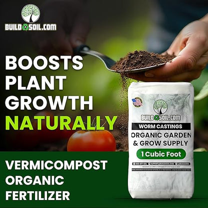 BuildASoil Worm Castings for Gardening - Vermicompost Organic Fertilizer for Lawns - Ensures Larger Plants & More Vegetables - Natural Earthworm Castings for Indoor & Outdoor Plants (1 Cubic Foot/Bag)